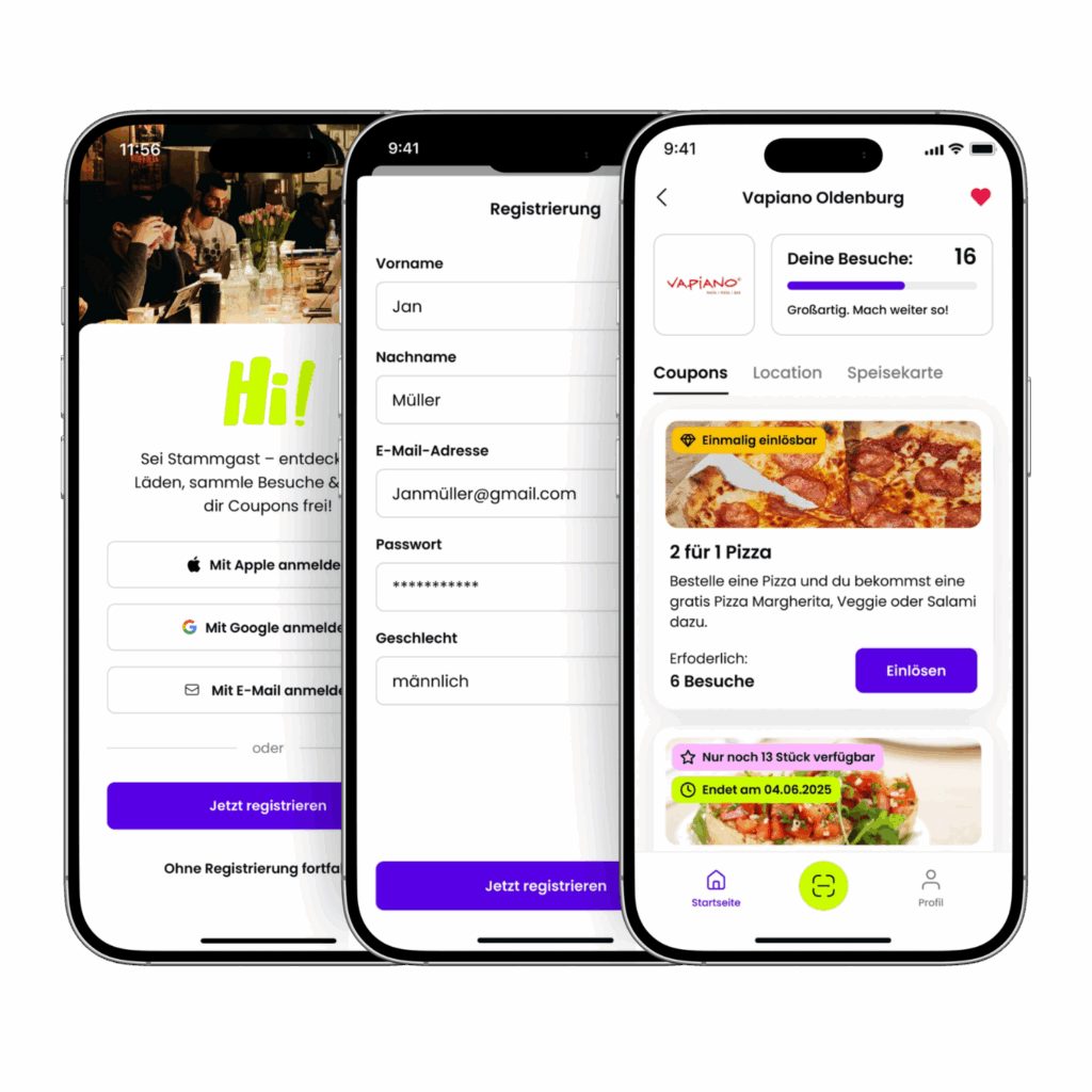 App-Screenshots zeigen Anmeldung, Registrierung und verfügbare Coupons