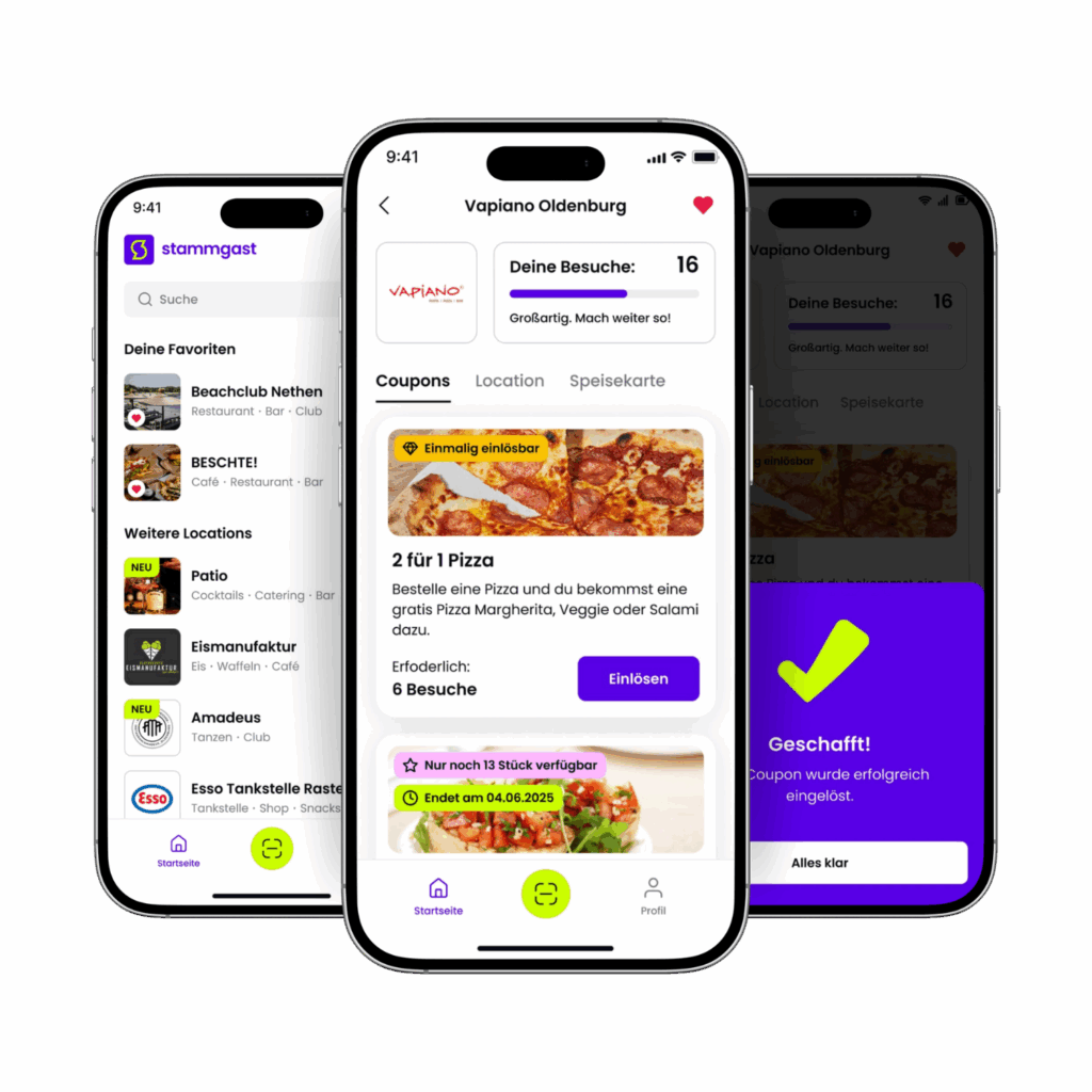 App-Screenshots zeigen Favoritenliste, Coupon-Details und erfolgreiche Coupon-Einlösung